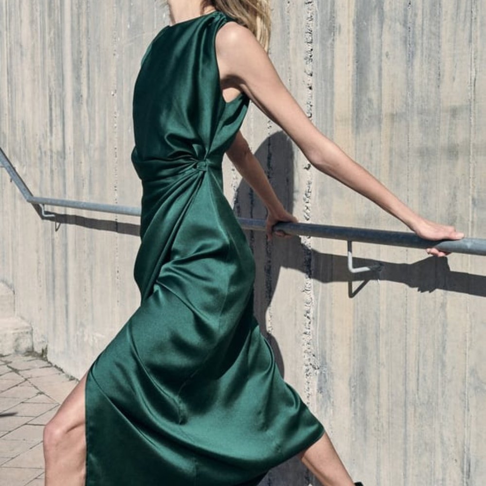 NWT ZARA DRAPED SATIN EFFECT DRESS DUCK GREEN - Size XS